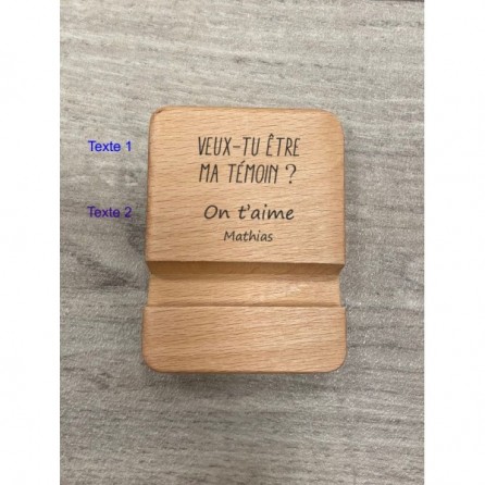 SUPPORT EN BOIS PERSONNALISÉ POUR POSER TÉLÉPHONE ET TABLETTE DEMANDE PARRAIN / MARRAINE / TÉMOINS