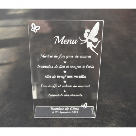 Menu en plexiglas - Baptême Fée